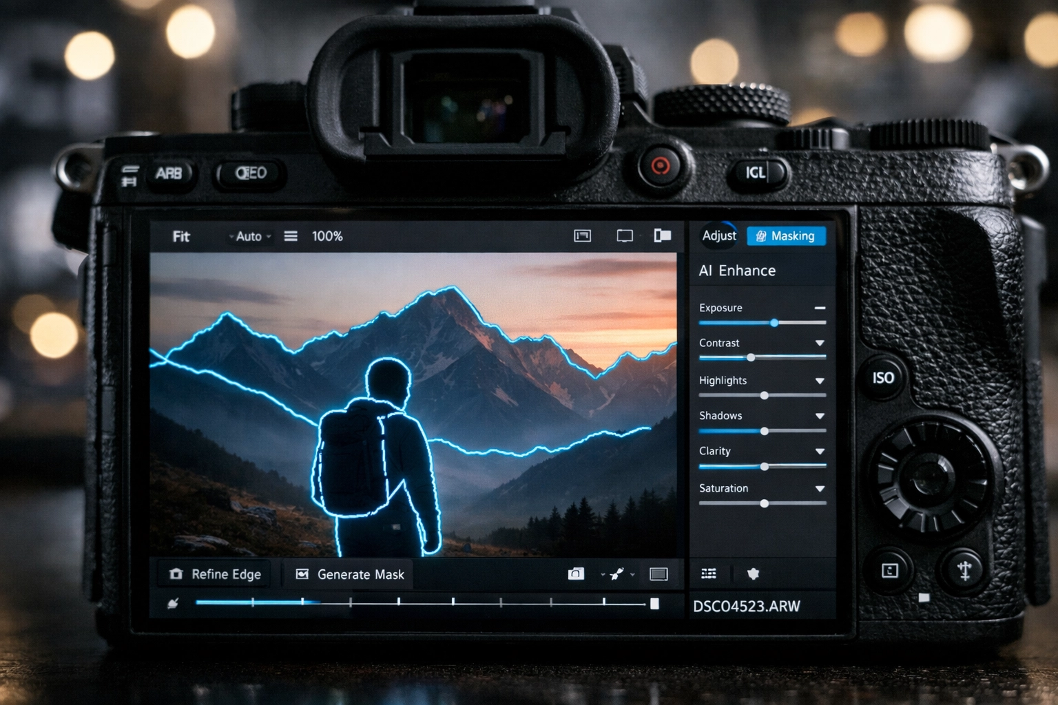 Professional photographer using AI photo editing software to trace subjects on a camera screen.