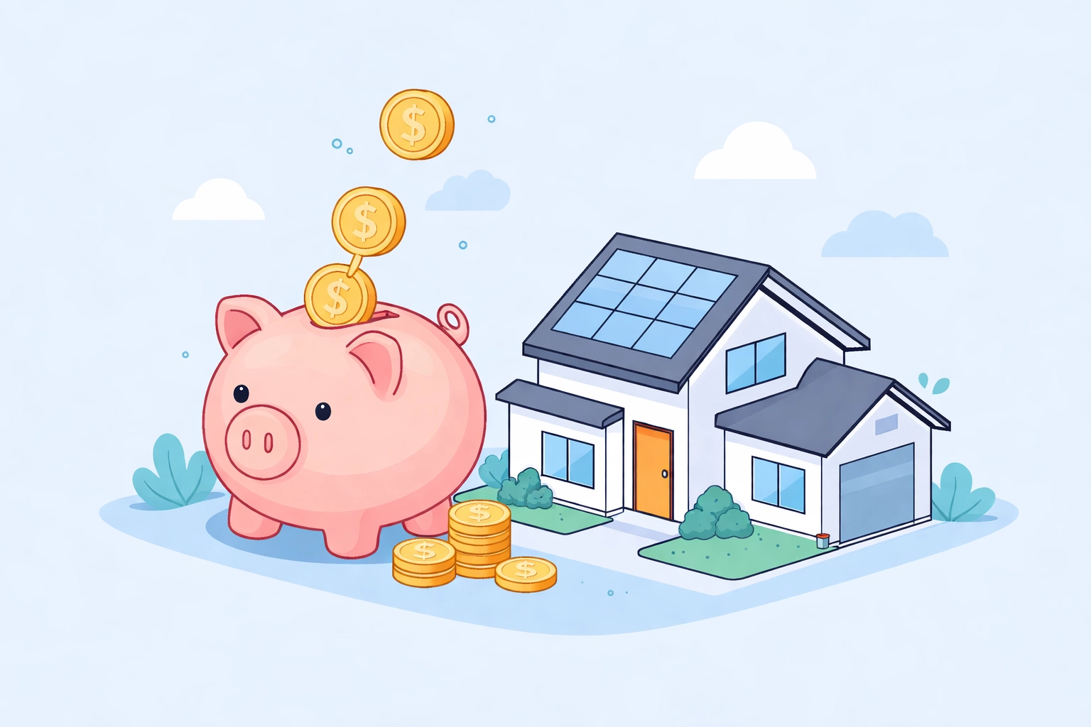 Alcancía y casa con monedas simbolizan el ahorro para el pago inicial en el proceso de compra de vivienda