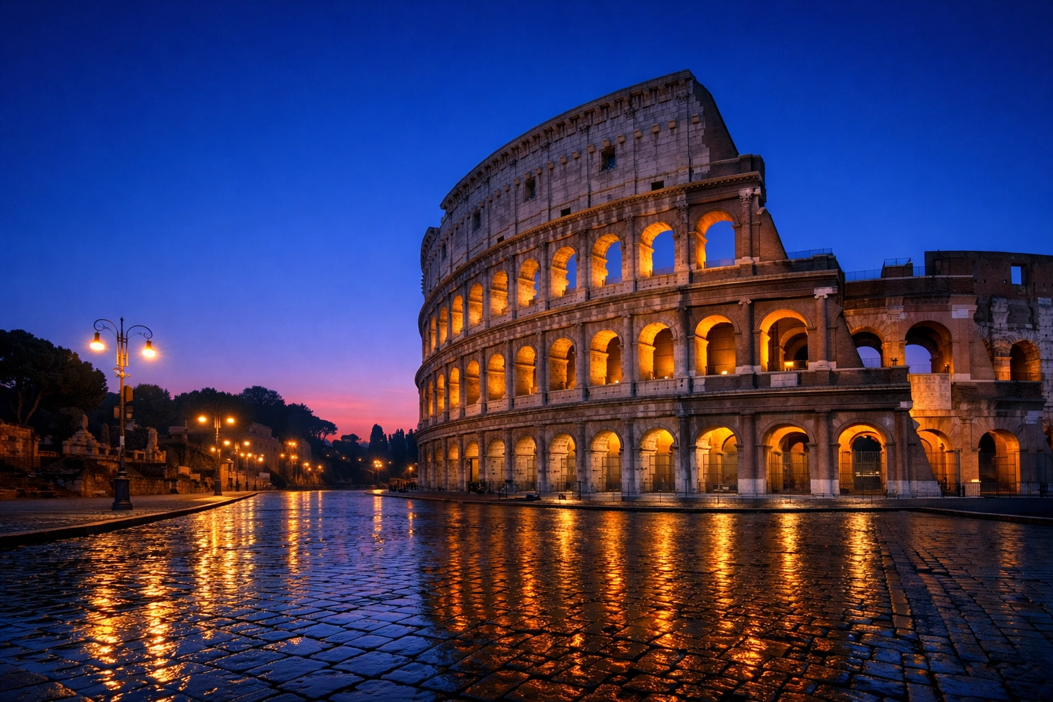 Wide-angle sunrise at the Colosseum, one of the best photography locations in Rome's historic center.