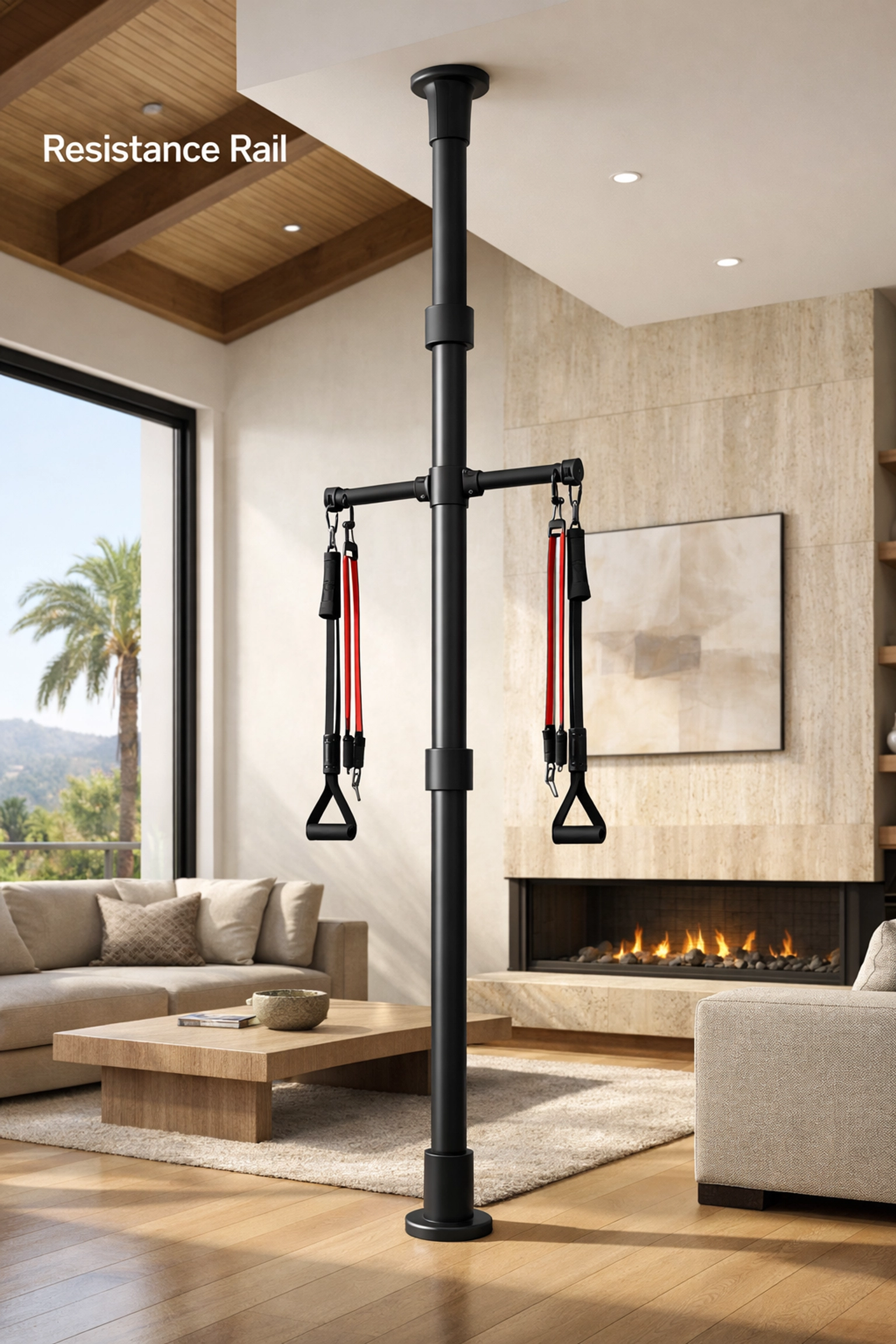 Resistance Rail floor to ceiling gym installed in a living room for a no wall damage workout system.