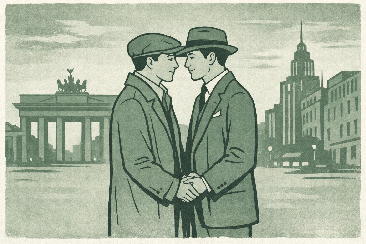 Gay couple embracing near Brandenburg Gate in 1920s Berlin historical scene