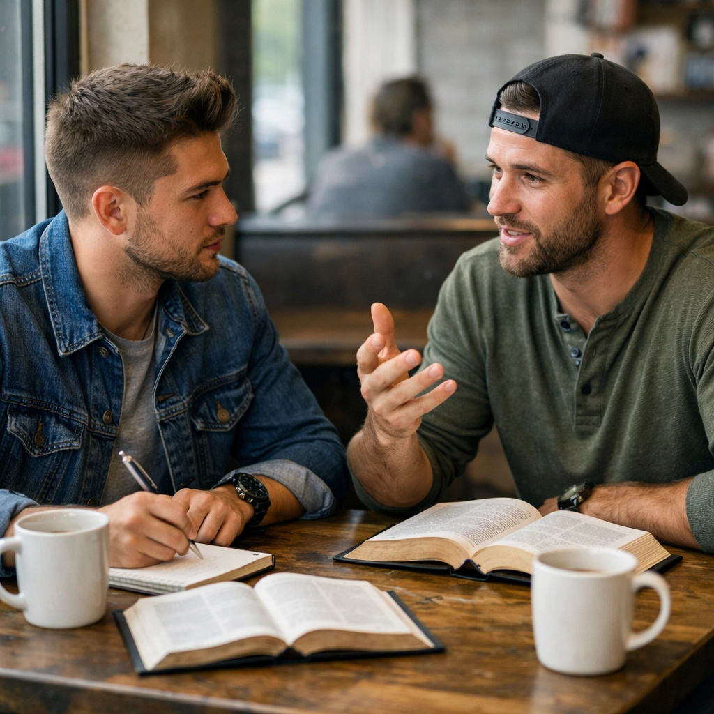 Two men in discipleship mentoring relationship studying Bible together at coffee shop