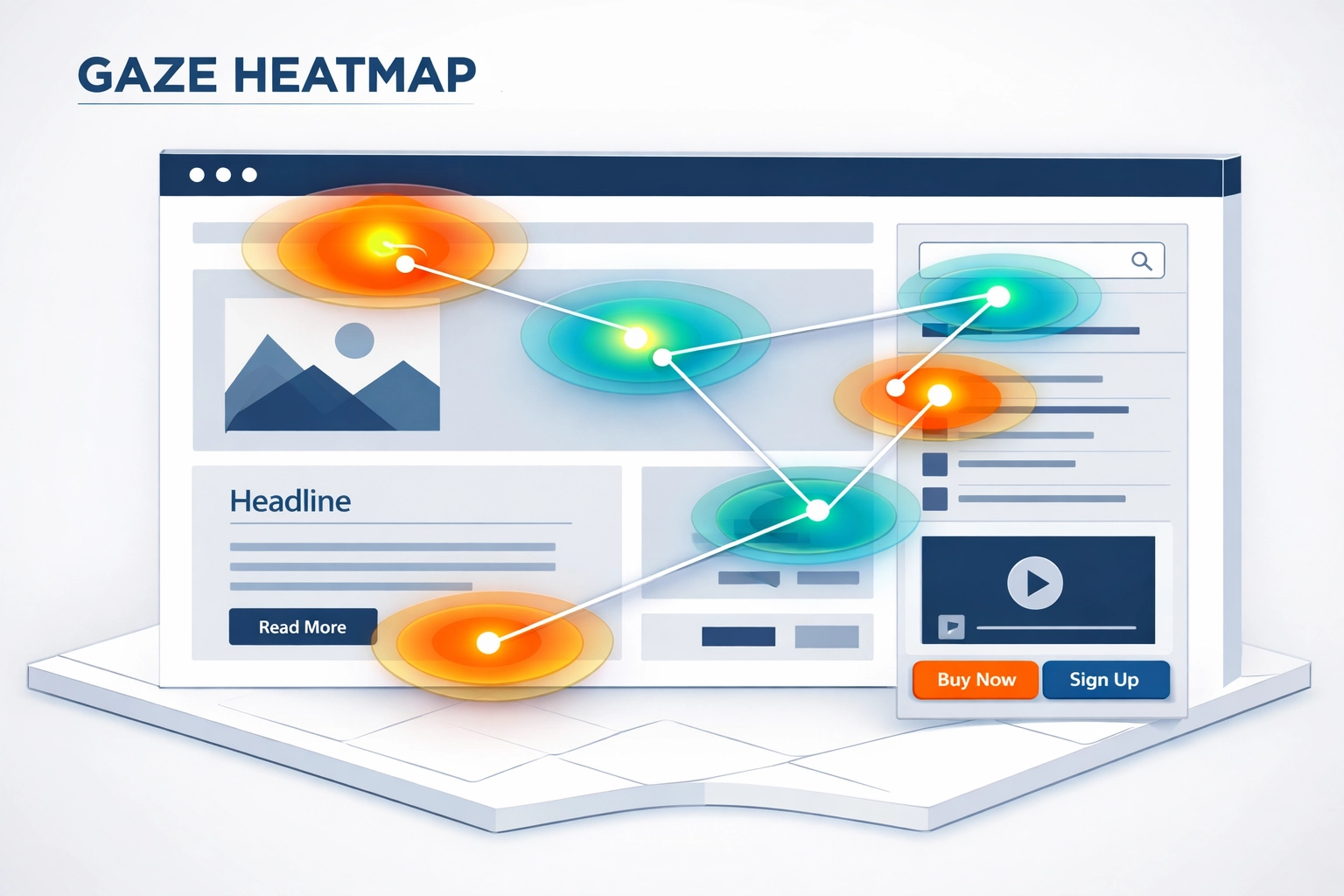 Website gaze heatmap overlay showing user visual attention paths and interface engagement patterns.