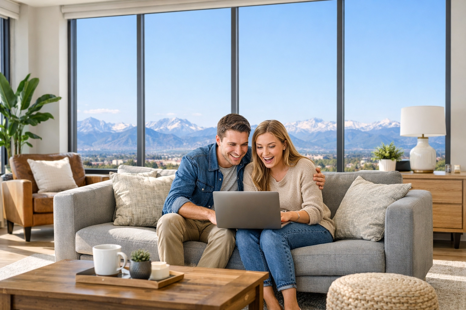 A couple researching Denver real estate on a laptop in a modern living room with mountain views.