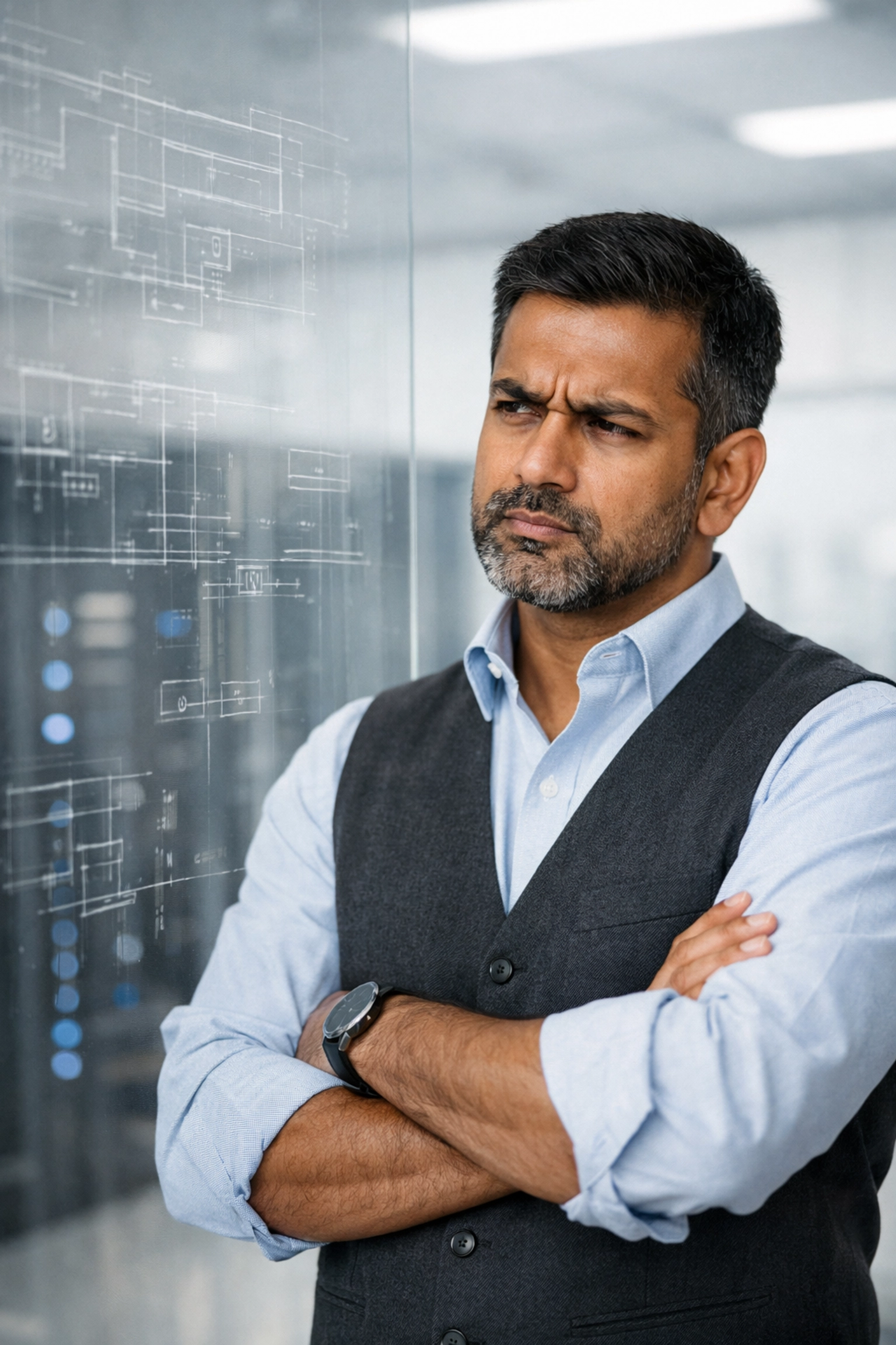 A healthcare IT leader skeptically examining system diagrams during HTI-5 due diligence.