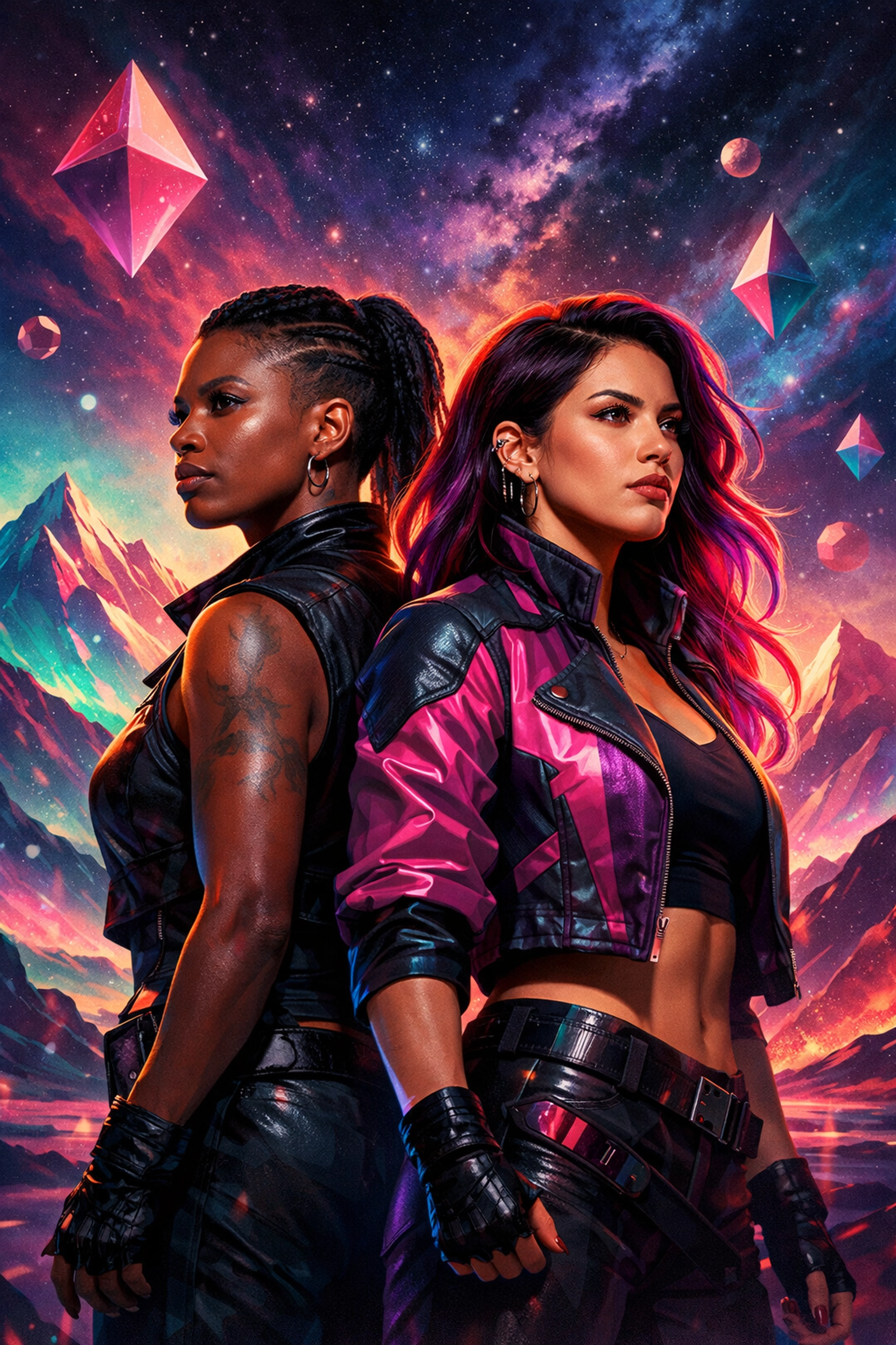 Resilient queer women of color in a visionary setting, reflecting the strength of LGBTQ+ characters and healing.