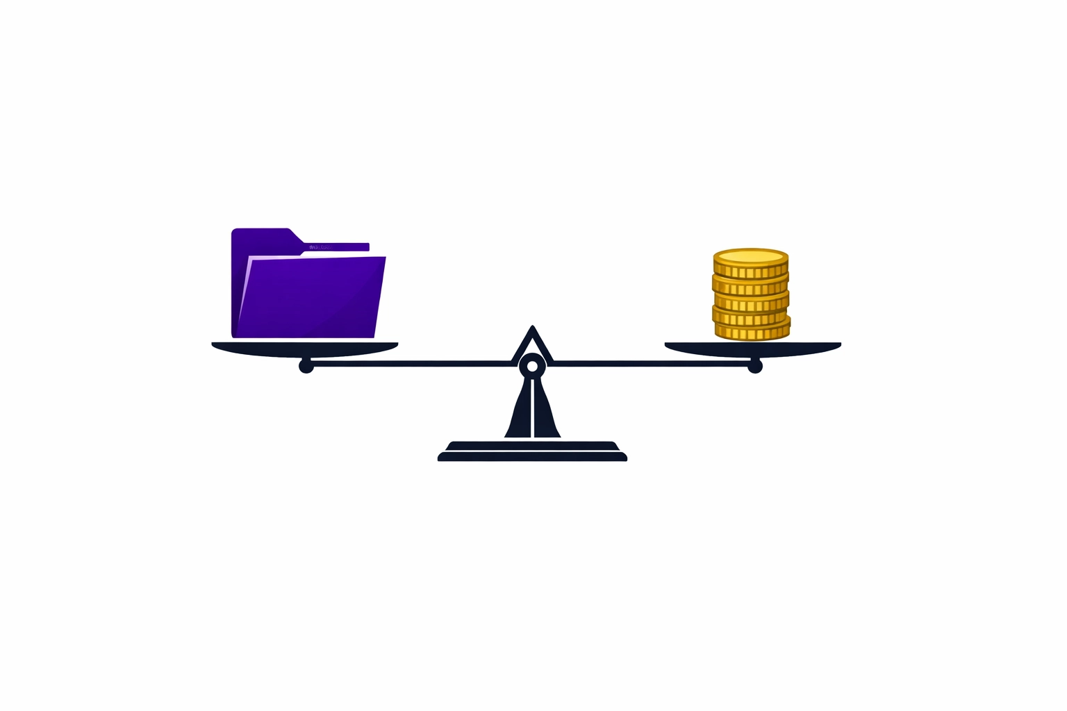 Balance scale with a purple file and coins illustrating payroll compliance for bookkeeping services in Los Angeles.
