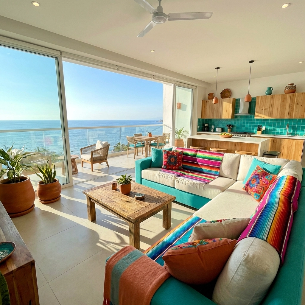 Spacious Puerto Vallarta condo living room with ocean view, showcasing comfort and amenities over hotels