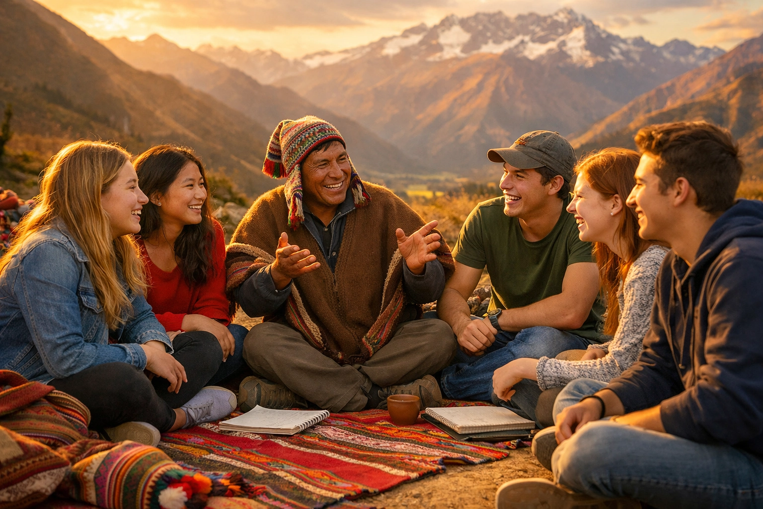 Students practicing Spanish with local instructor during cultural immersion Peru outdoor language class