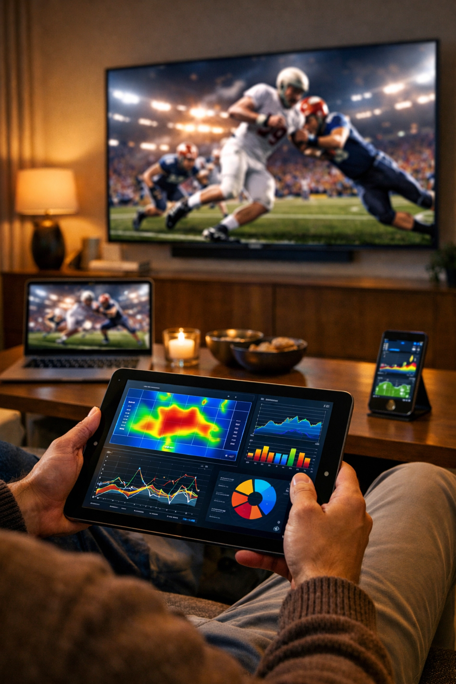 Multi-platform sports viewing experience with a TV and tablet showing data-driven advertising reach.