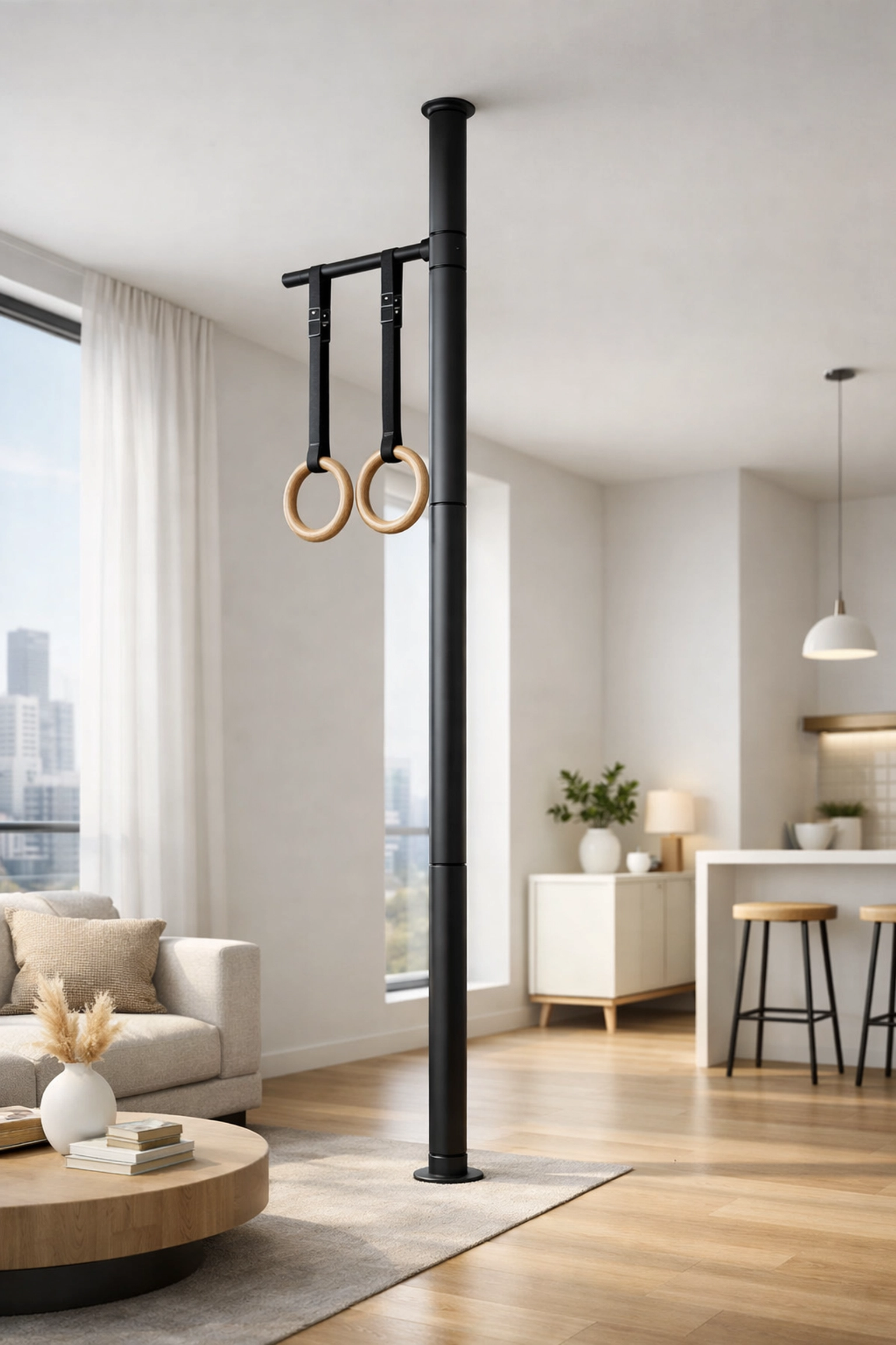 A floor-to-ceiling Resistance Rail with gymnastic rings in a modern apartment home gym setup.