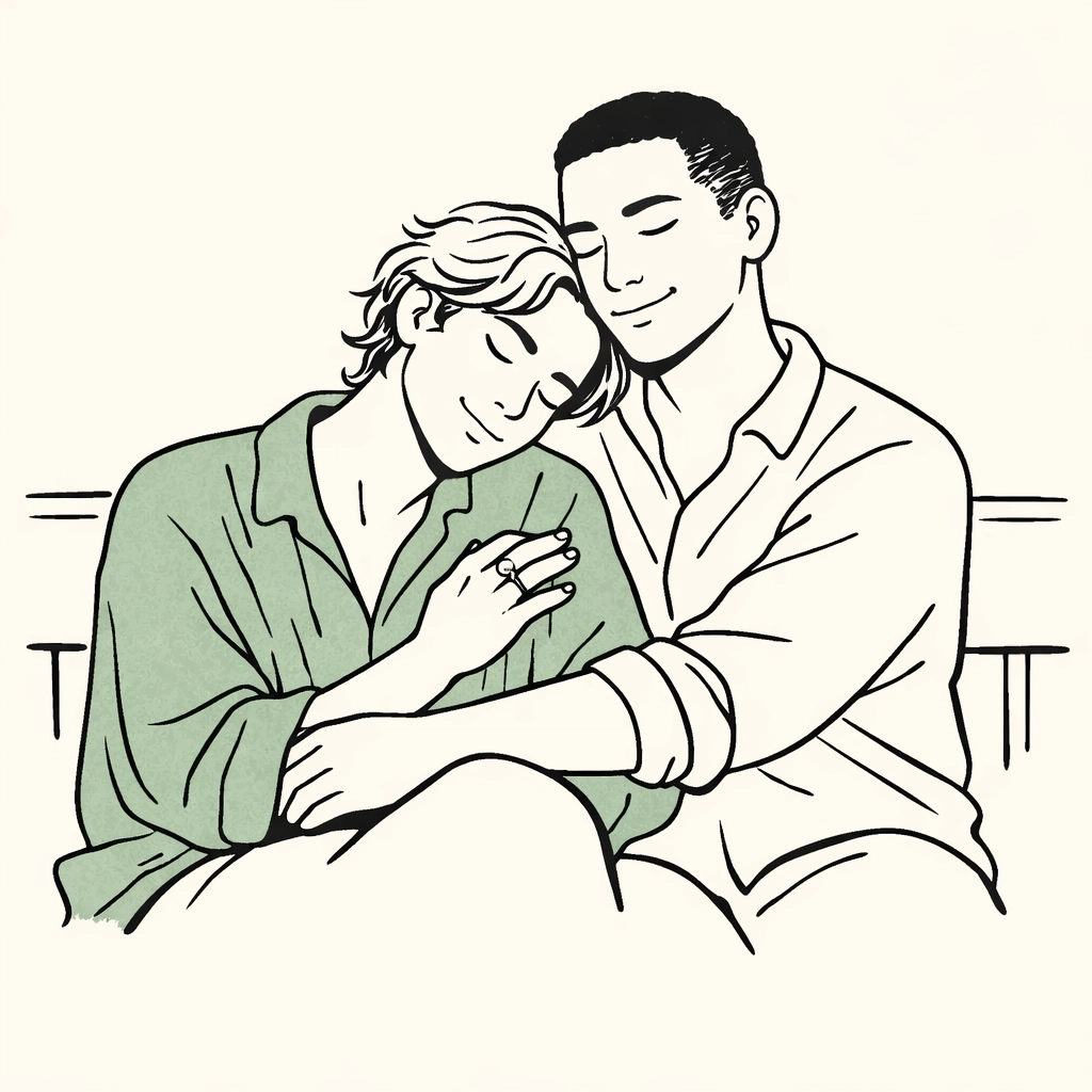 Diverse MM couple embracing in a minimalist illustration about living beyond gender binary norms.