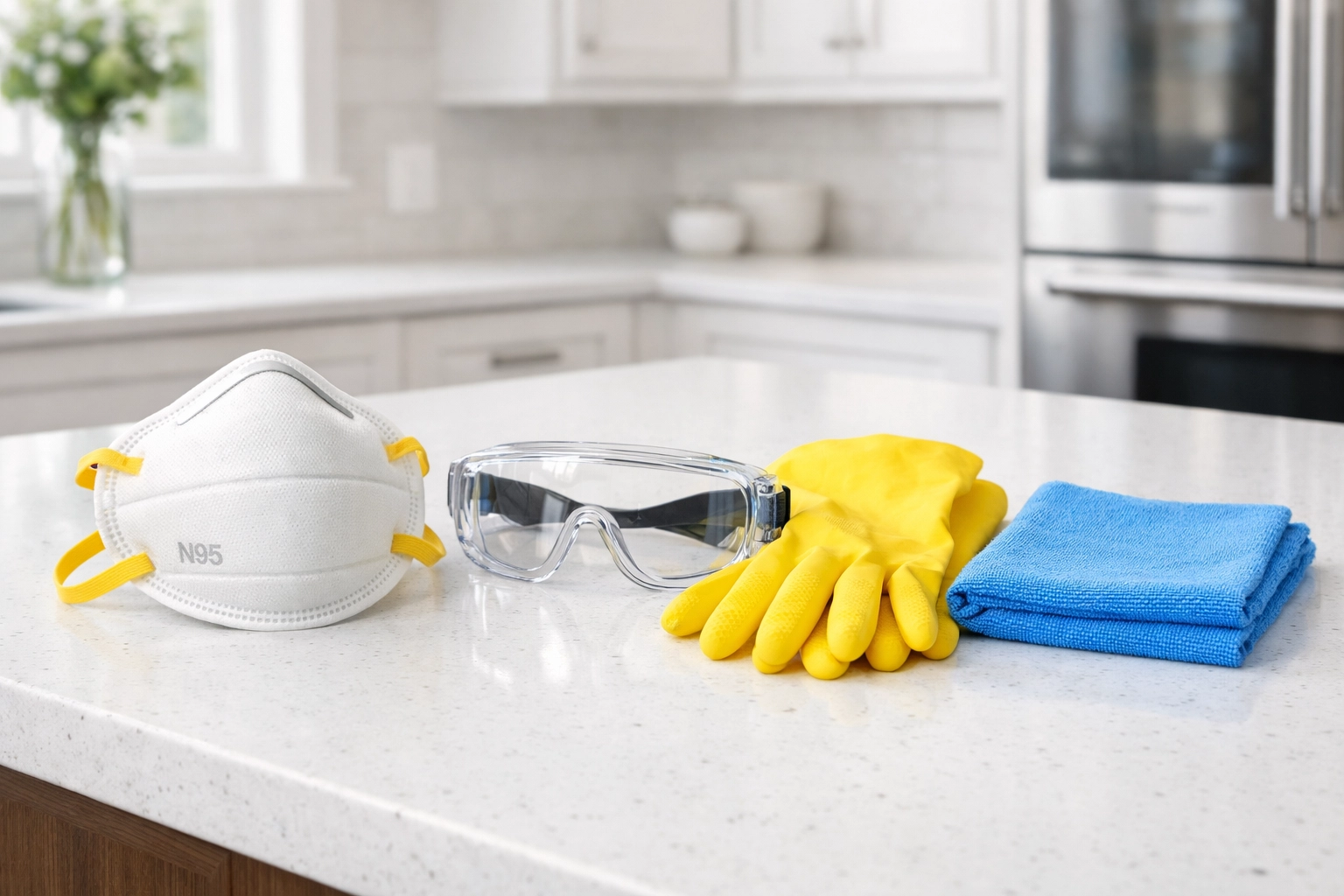 N95 mask, goggles, and gloves on a kitchen island for safe post-construction cleaning.