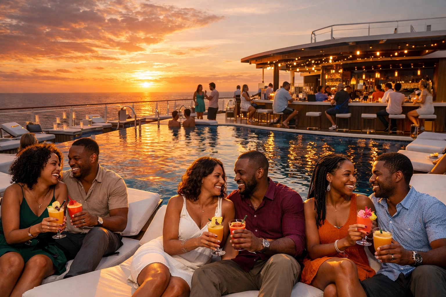 Adults-only cruise pool deck with couples enjoying sunset cocktails on Virgin Voyages