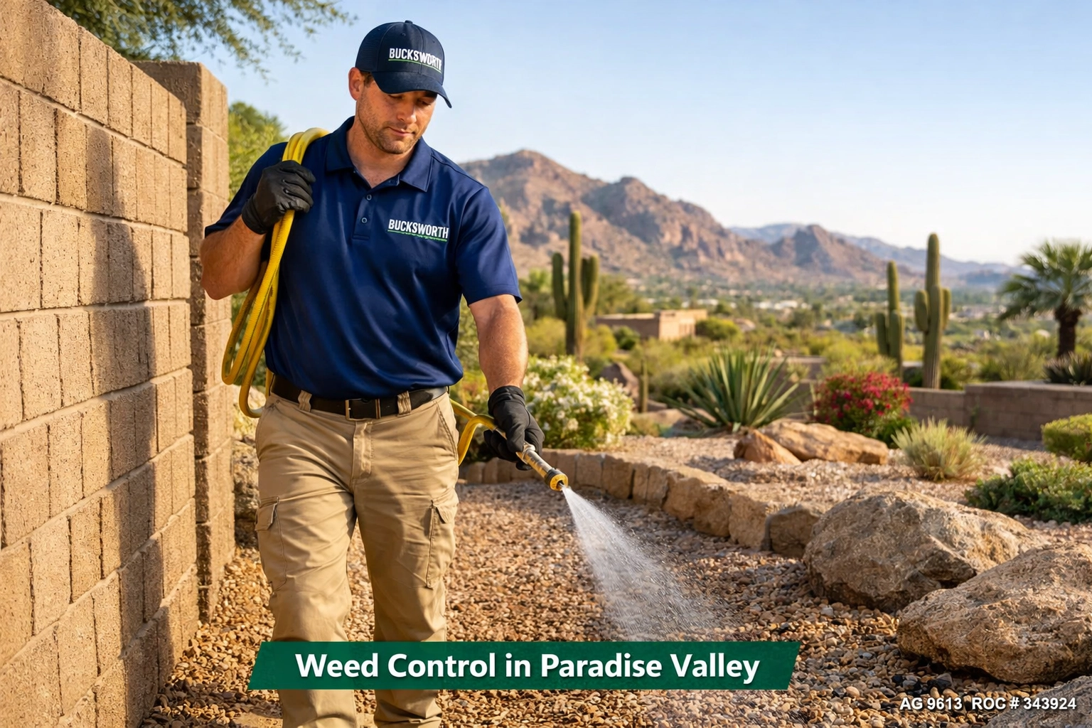 Bucksworth technician applying targeted weed control in a beautiful Paradise Valley desert backyard.