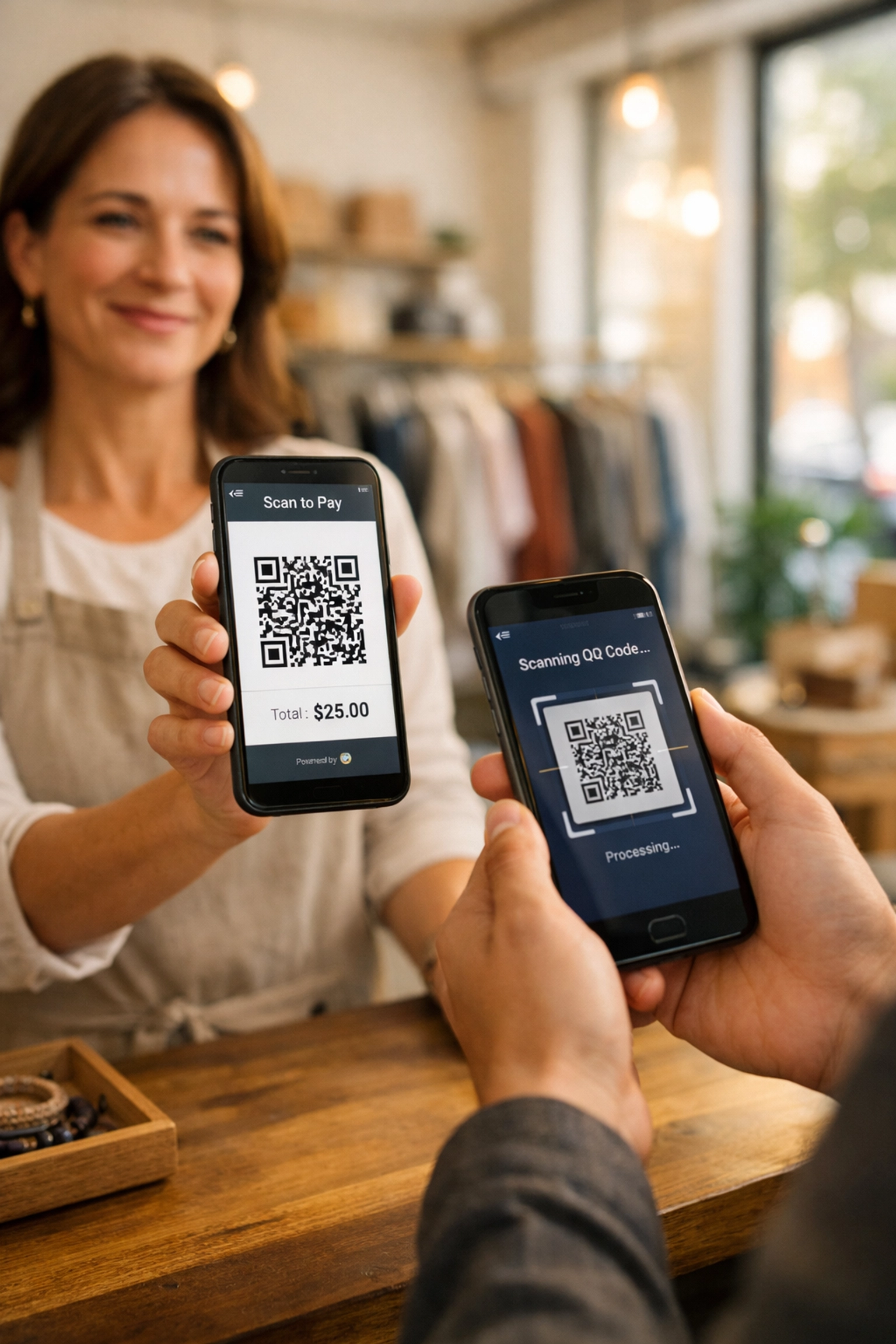 Small business owner accepting crypto payment via QR code on smartphone at modern boutique checkout counter