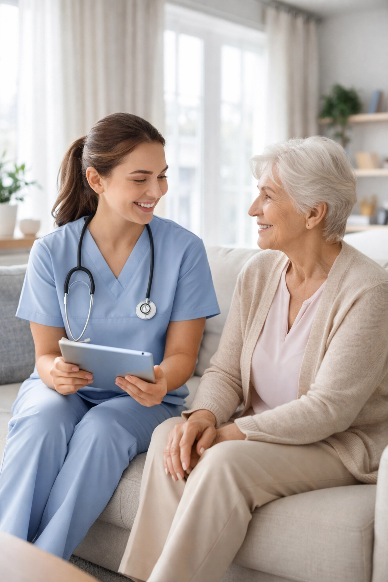 Home health clinician using tablet while engaging with elderly patient during home visit
