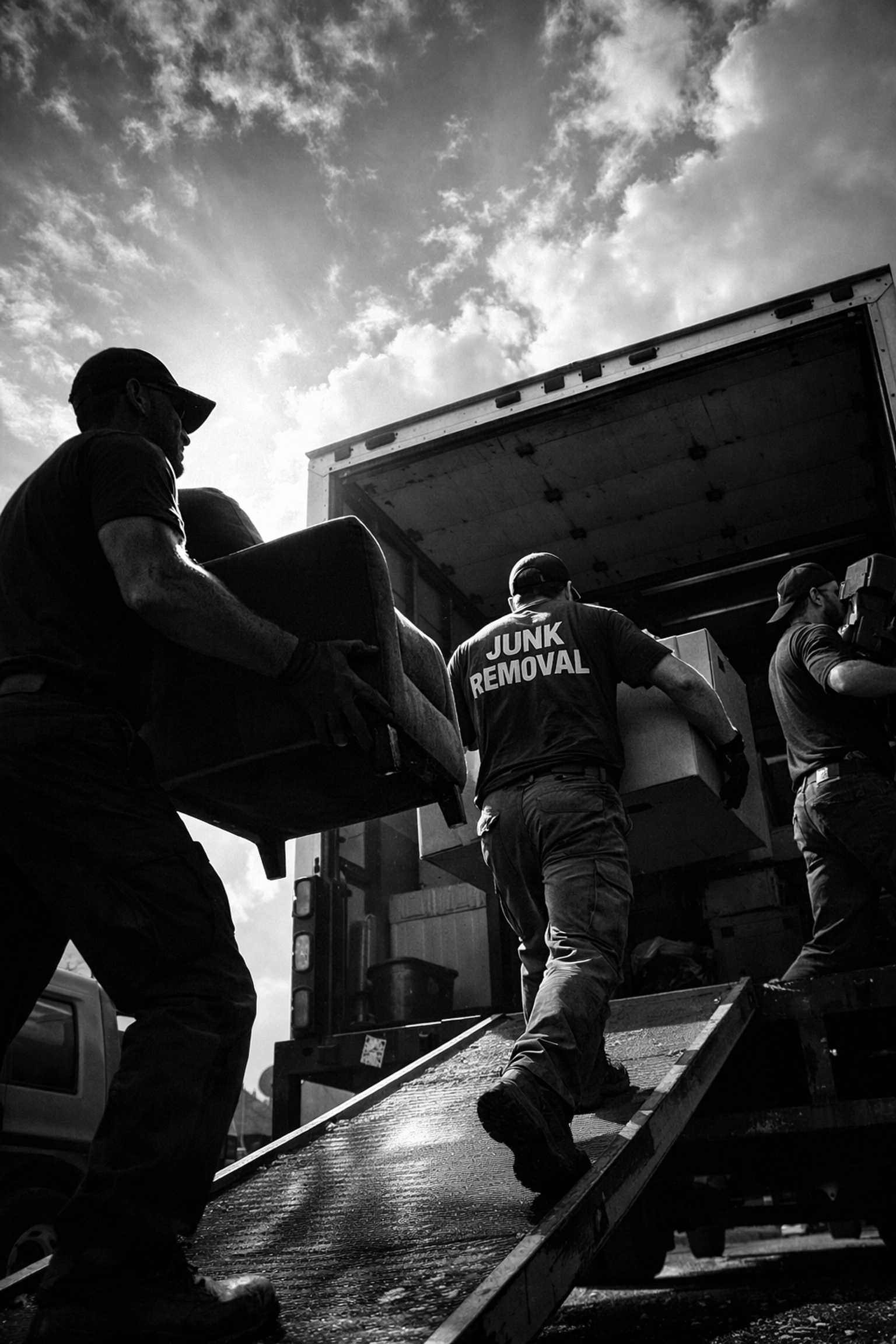Junk removal crew loading furniture and items into service truck