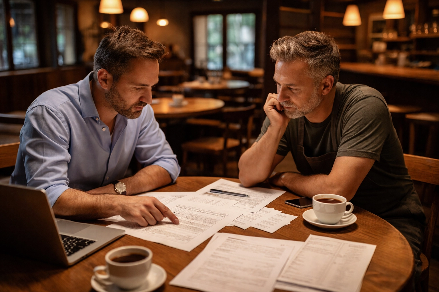 Restaurant consultant reviewing financial documents with owner to improve margins