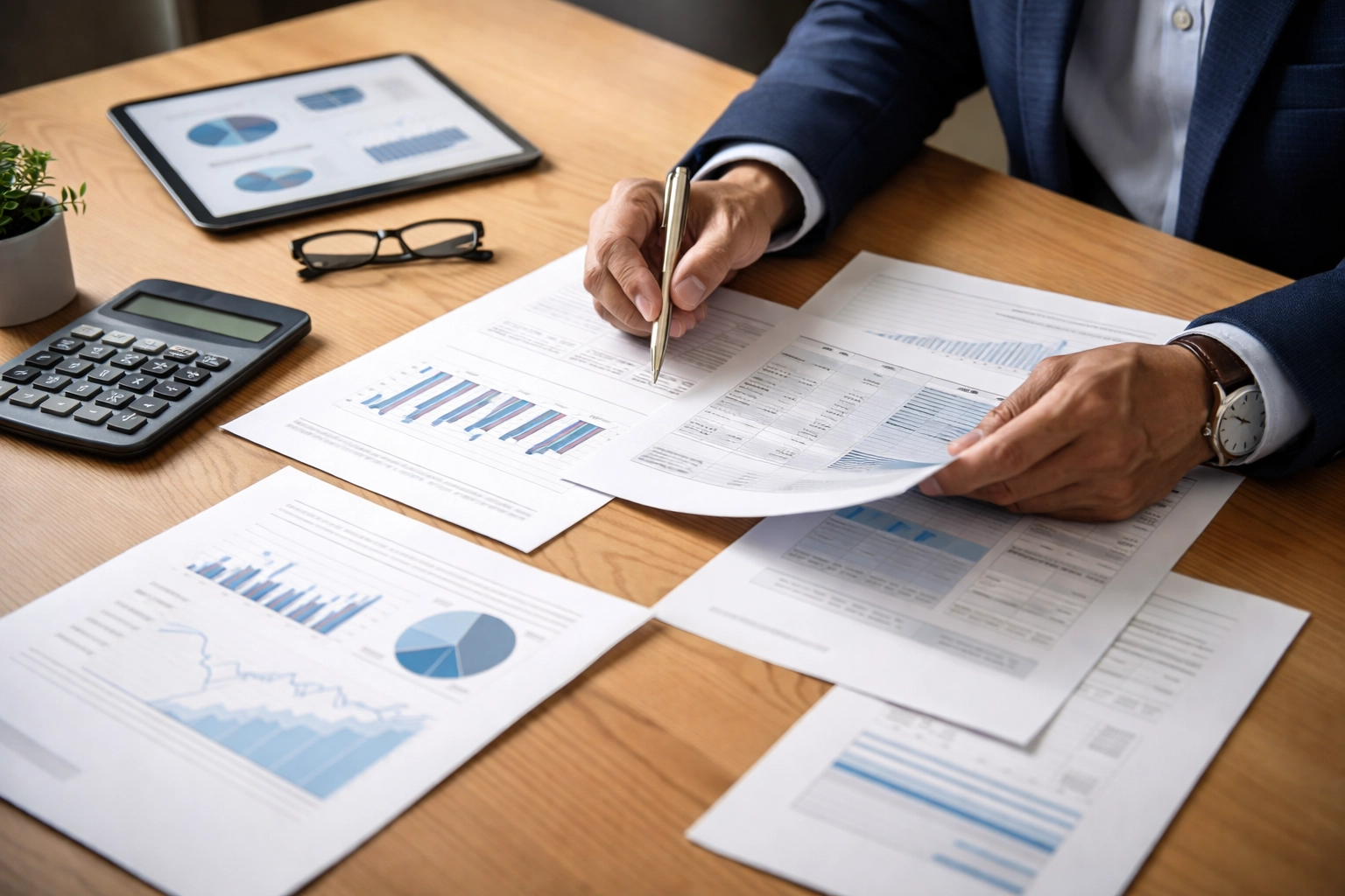 Business owner's hands reviewing financial documents, calculator, and graphs, highlighting tax advisory planning.