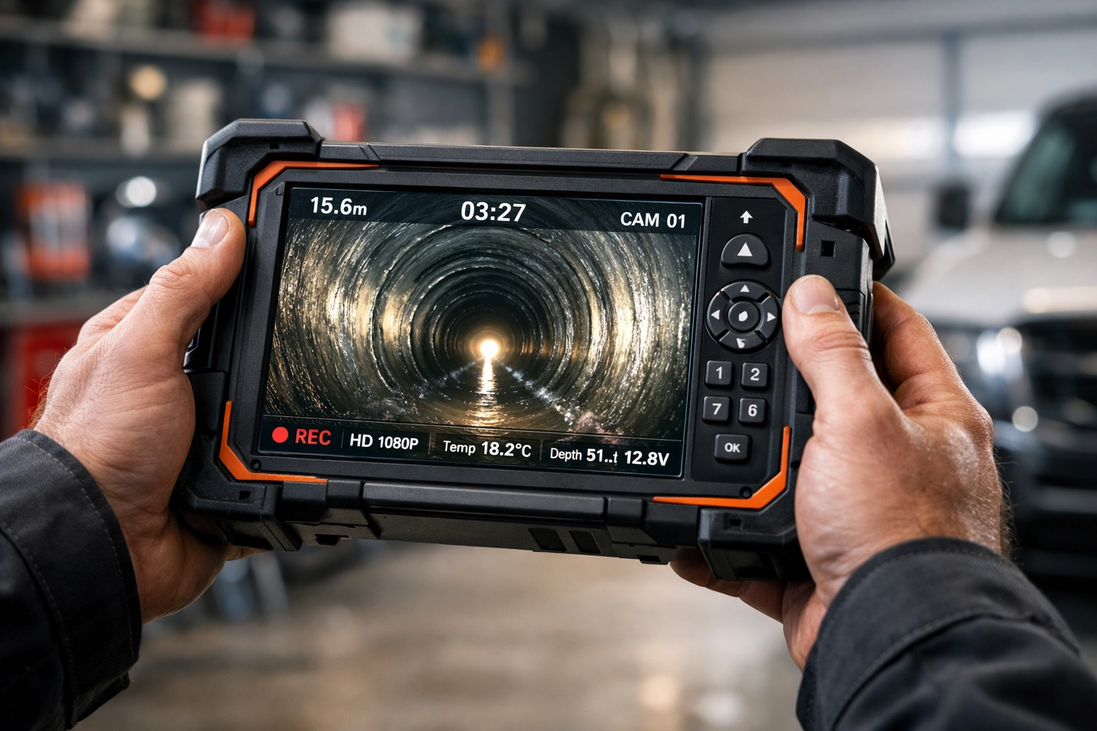 Professional Denver technician using an HD video camera monitor for a detailed sewer line inspection.