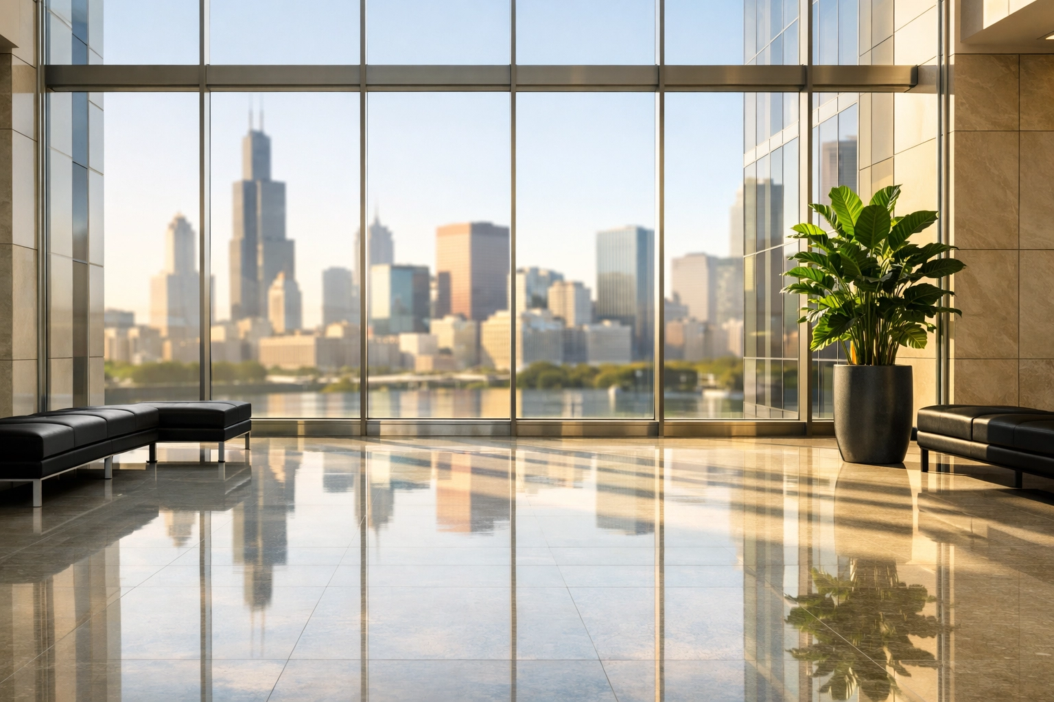 Clean sun-drenched Chicago office lobby with polished stone floors and floor-to-ceiling windows.