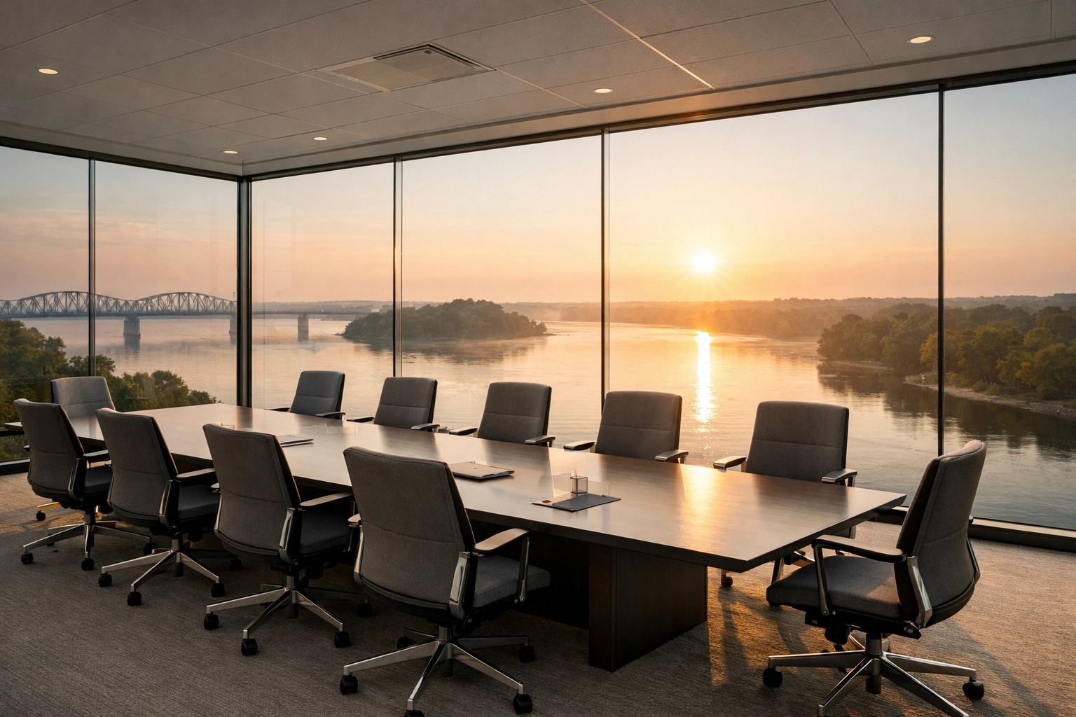 Professional boardroom at sunrise representing a successful Mississippi family business exit.
