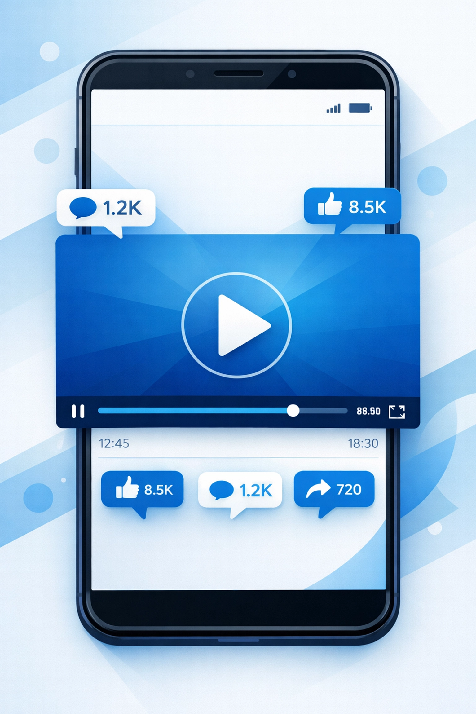 Mobile video player displaying high user engagement with likes, comments, and shares for better SEO