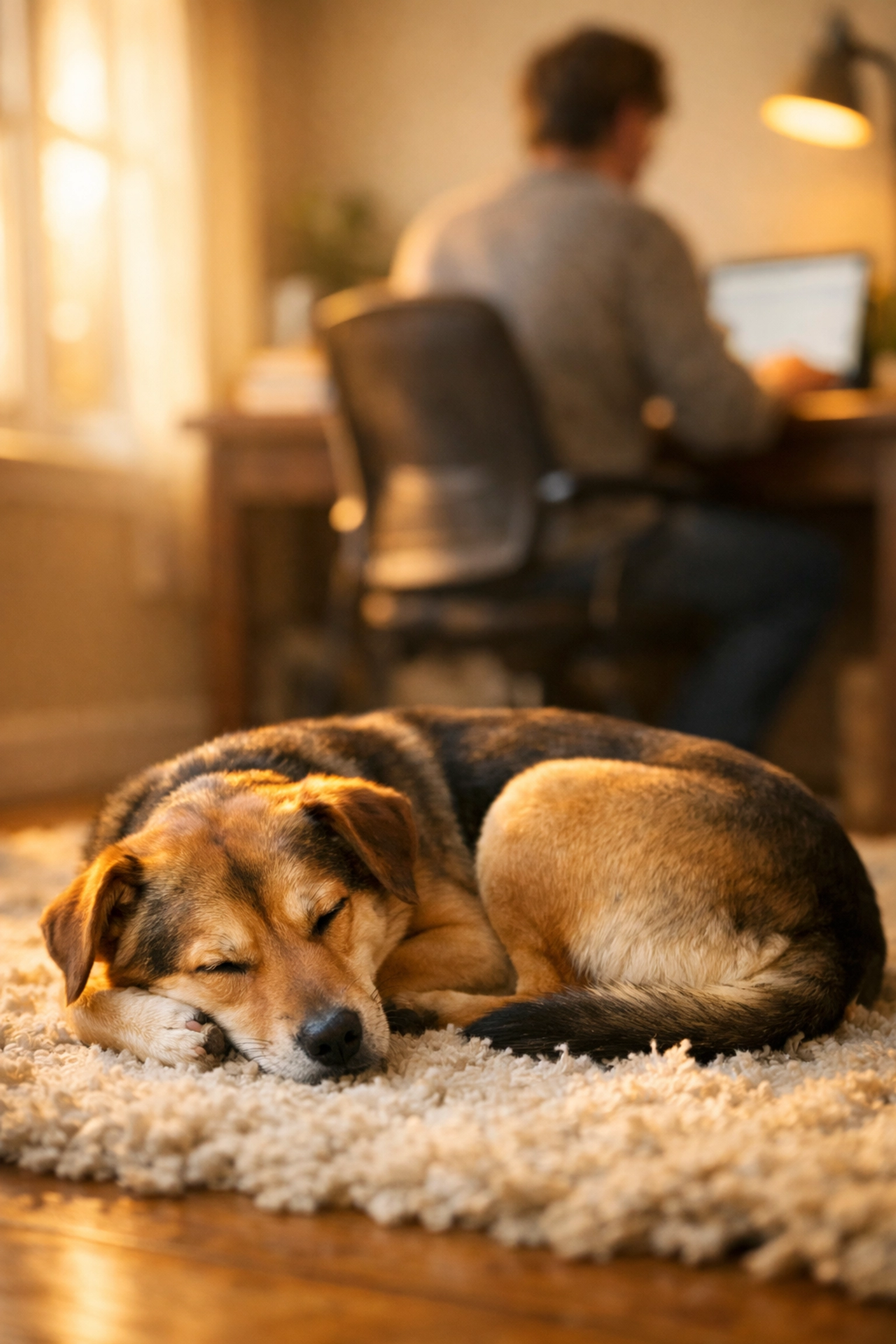 A foster dog relaxing in a home office, showing how to foster a dog while working from home.