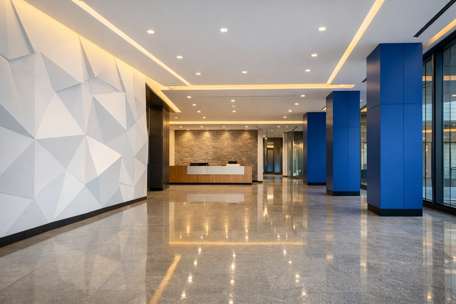 Sanitized Seaport office lobby following expert post-construction commercial cleaning Boston services.