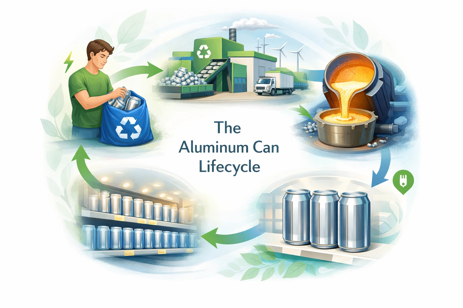 Aluminum can recycling lifecycle showing sustainable circular economy process
