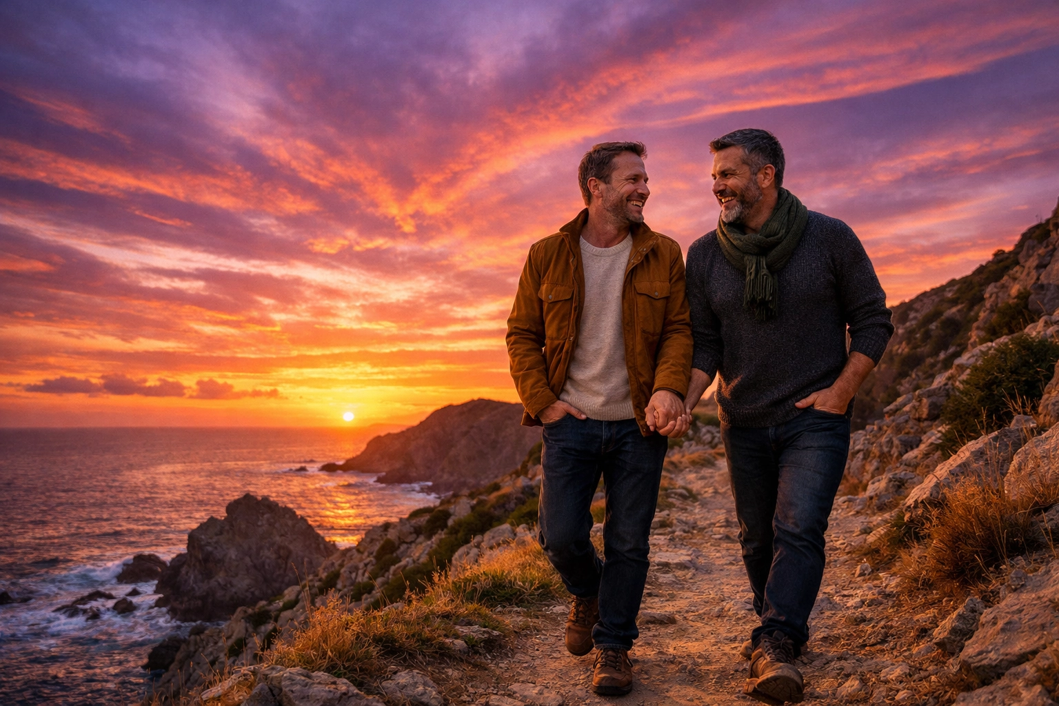 Two men in their 40s walking hand-in-hand at sunset, representing a new chapter in gay love stories.