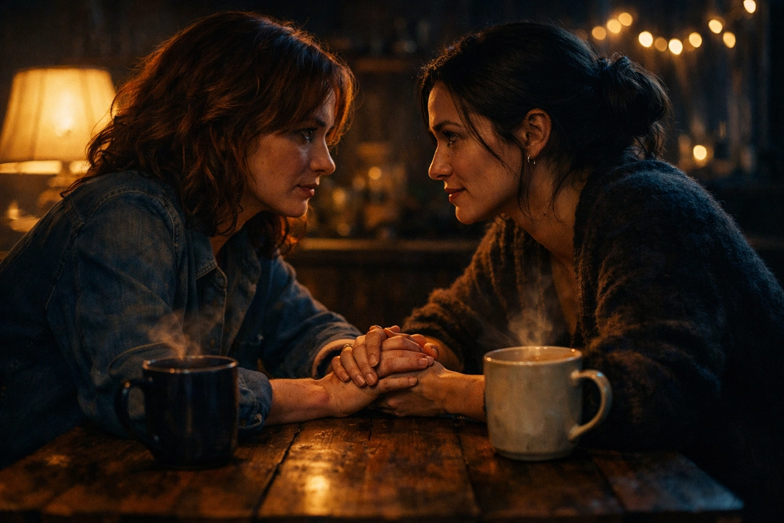 Two women having a serious conversation about relationship goals and values over coffee in a warm, intimate kitchen.