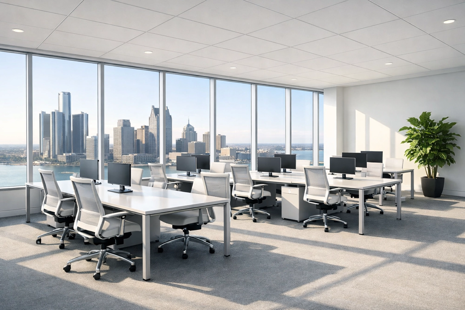 Modern Detroit skyscraper office space with clean workstations and bright floor-to-ceiling windows.