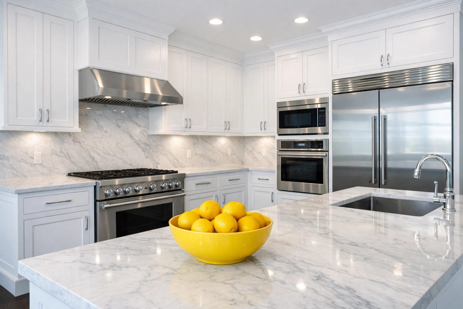 Pristine luxury kitchen in Bolton after post-construction cleaning, showing dust-free marble countertops.
