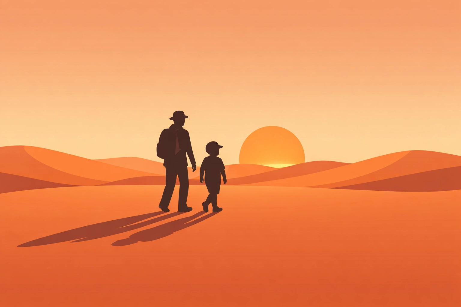 Minimalist vector illustration of an adult and child walking across a desert landscape at sunset