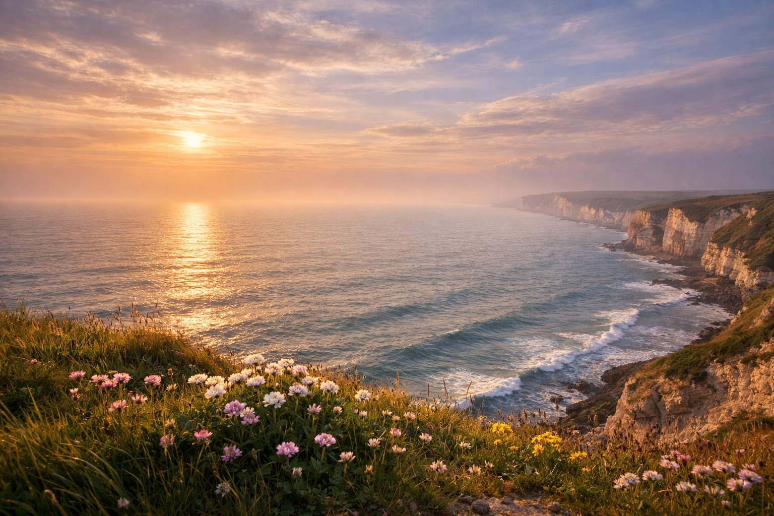 Serene UK coastline at golden hour, a tranquil location for a drone ash scattering memorial ceremony.