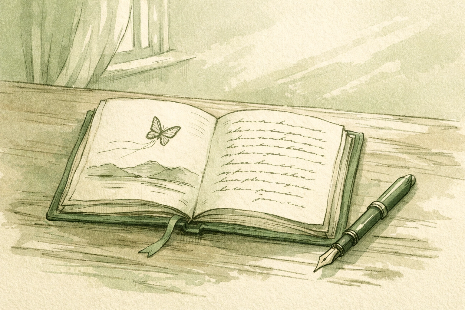 Vintage memoir journal and fountain pen representing Jan Morris's literary works