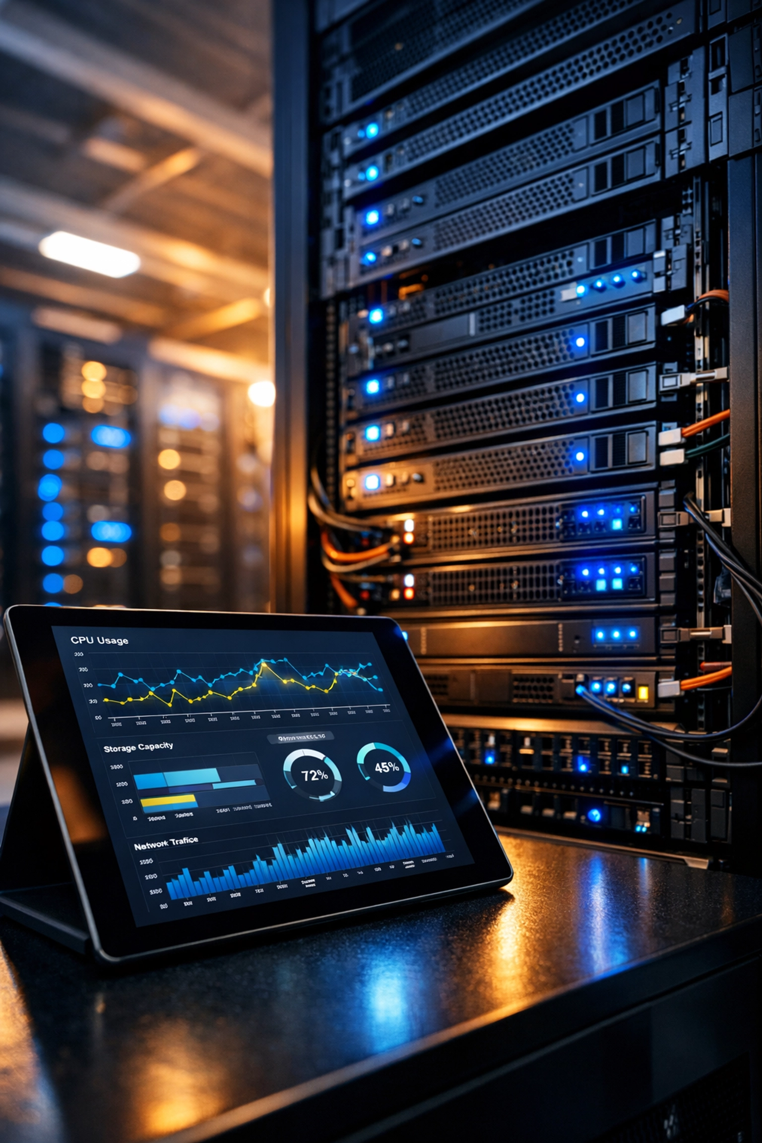 Data center server infrastructure with ServiceNow performance monitoring and metrics dashboard