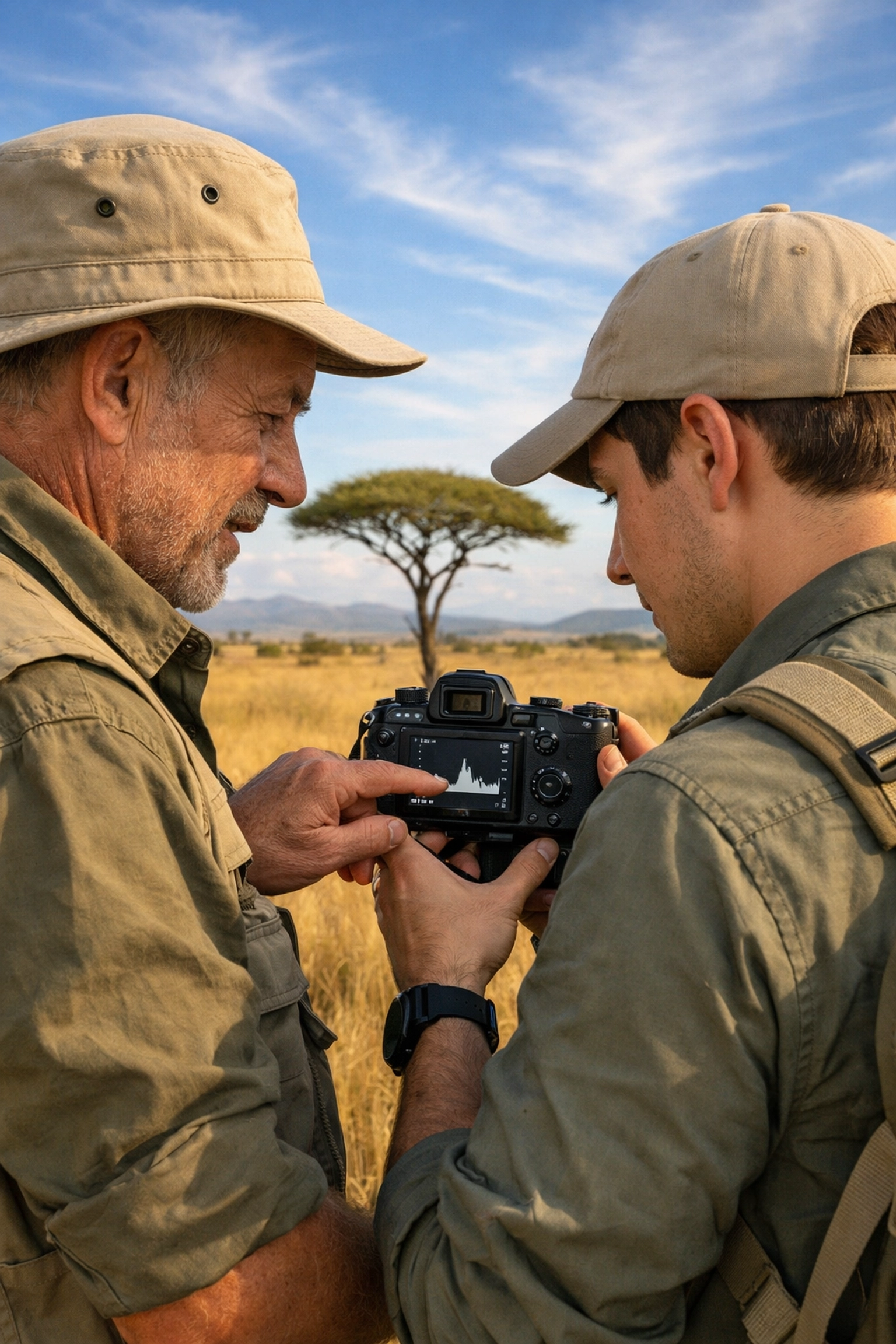 Photography mentor teaching field techniques and settings during a wildlife photography tour.
