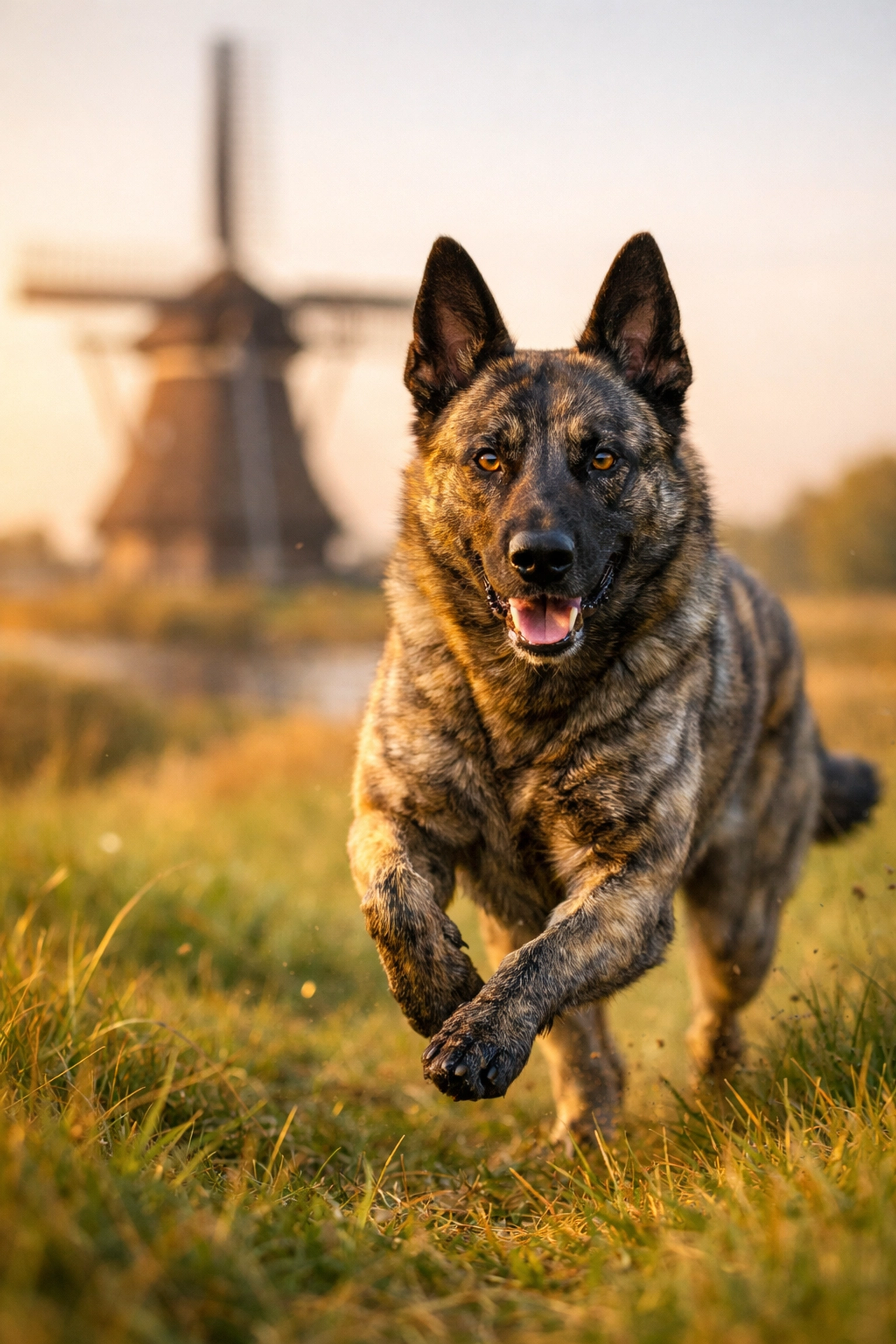 Berger Hollandais au pelage bringé courant dans la campagne néerlandaise