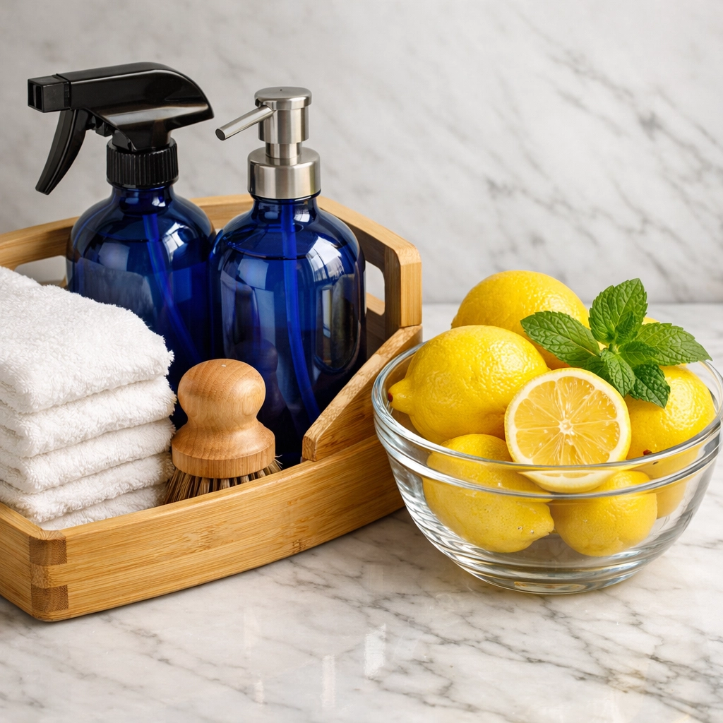 Eco-friendly non-toxic cleaning supplies and fresh lemons for a weekly house cleaning in Franklin home.