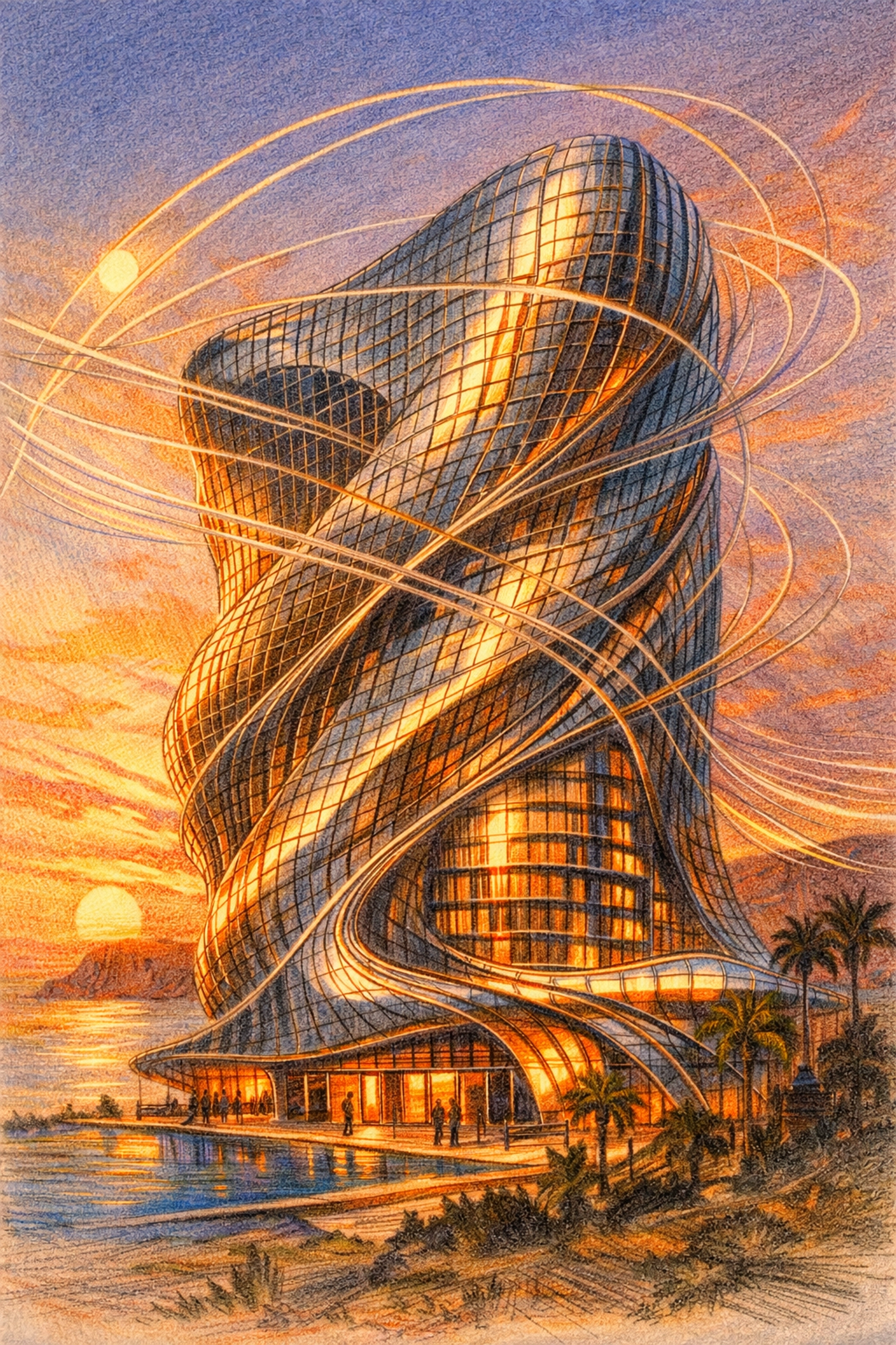 Sustainable hotel architecture featuring an organic silver facade designed with parametric environmental modeling.