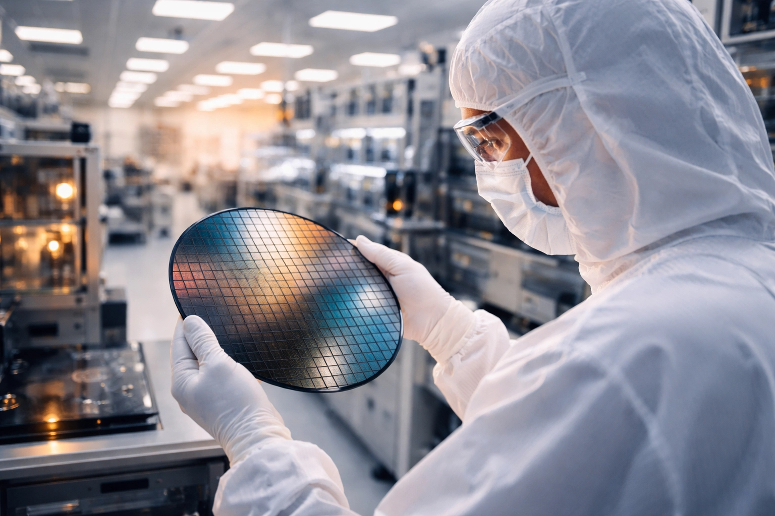 Technician inspecting silicon wafer in semiconductor cleanroom, highlighting US manufacturing innovation and precision hiring.