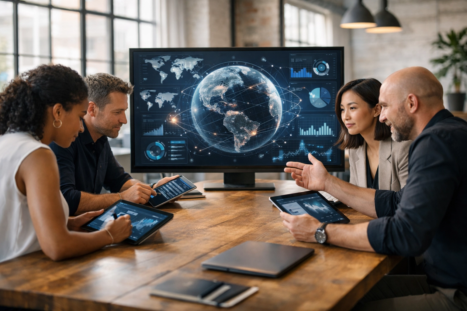 Strategic media consultants collaborating on cross-sector brand partnerships in a bright professional workspace.