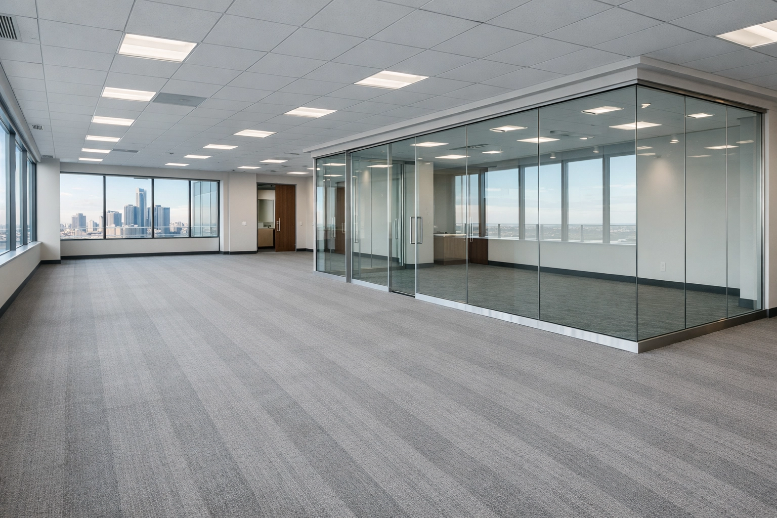 A move-in ready Detroit office suite with perfectly vacuumed carpets and clear glass partitions.