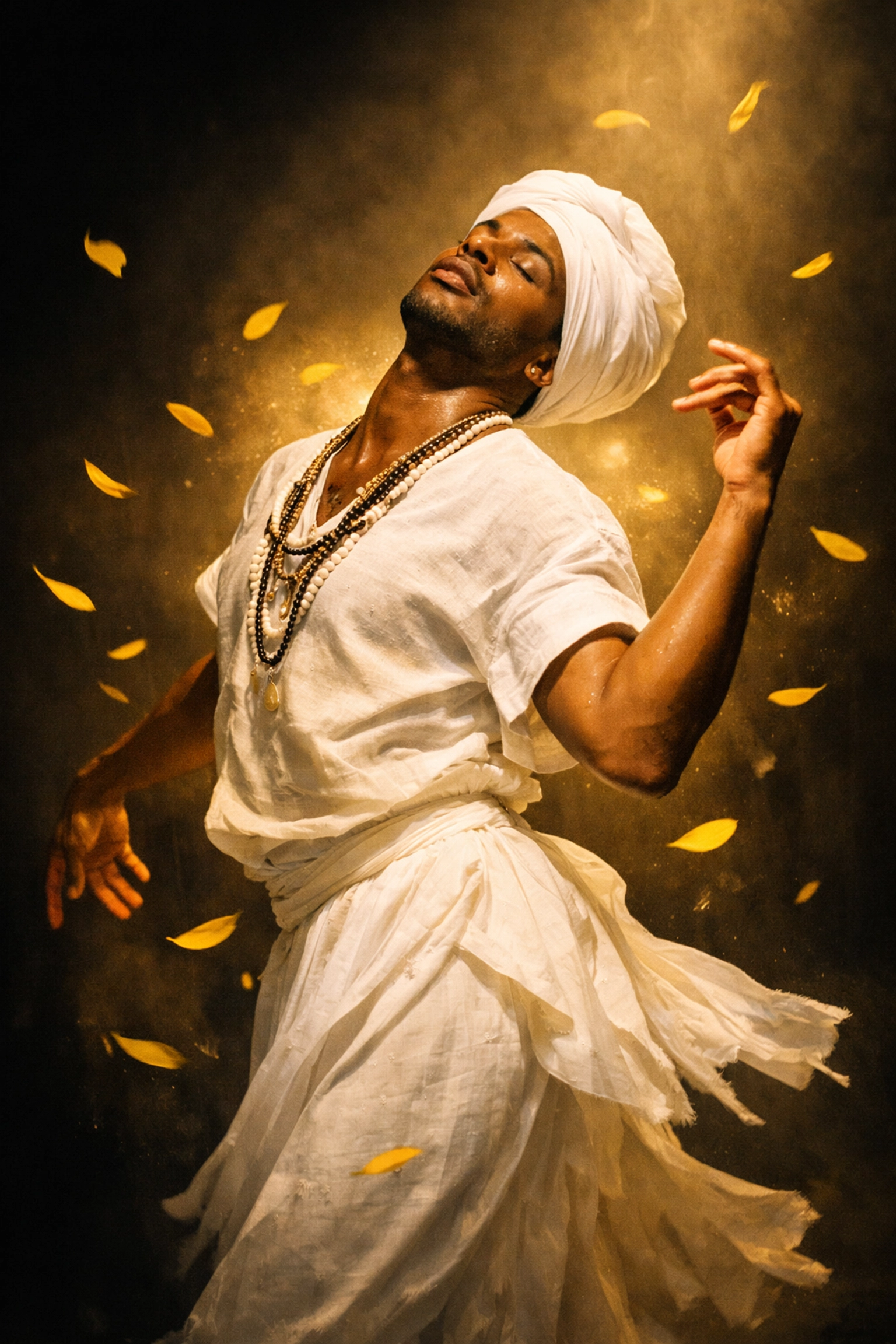 Afro-Latino man in white ritual clothing channeling feminine spiritual grace during a Santería ceremony.