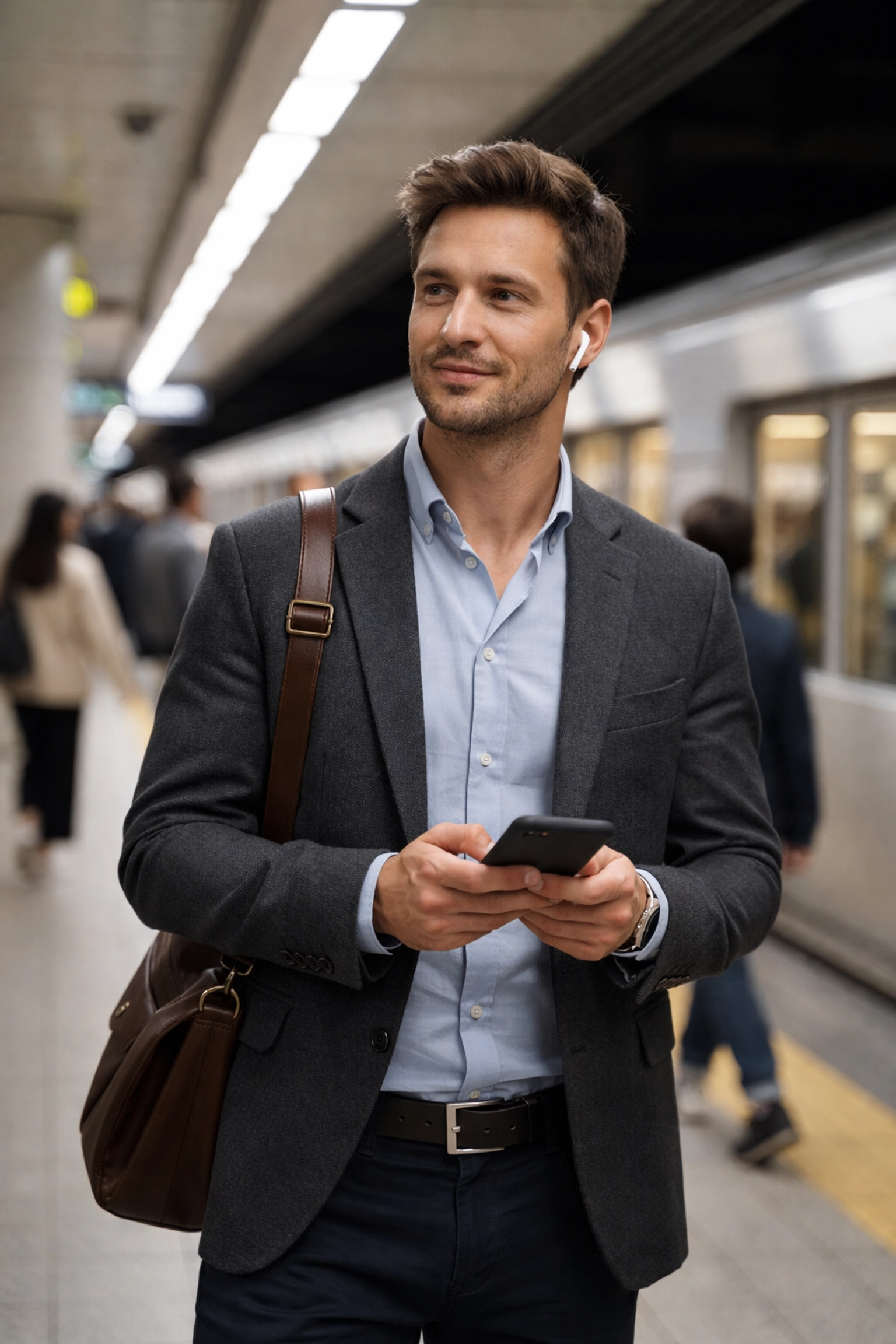 Man listening to podcast with earbuds during morning commute on subway platform