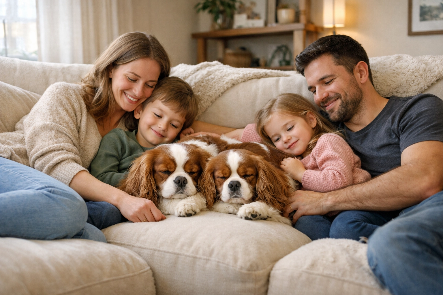 Two Cavalier King Charles Spaniels snuggling with their family, showing their role as cherished companions in Oregon.