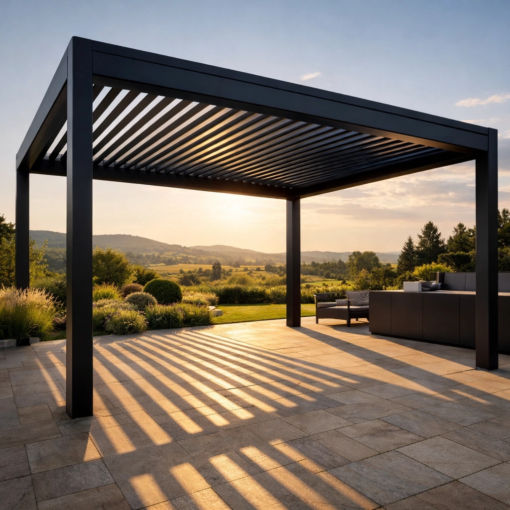 Moderne Lamellen-Pergola nach Maß aus anthrazitfarbenem Aluminium für Terrasse und Garten.